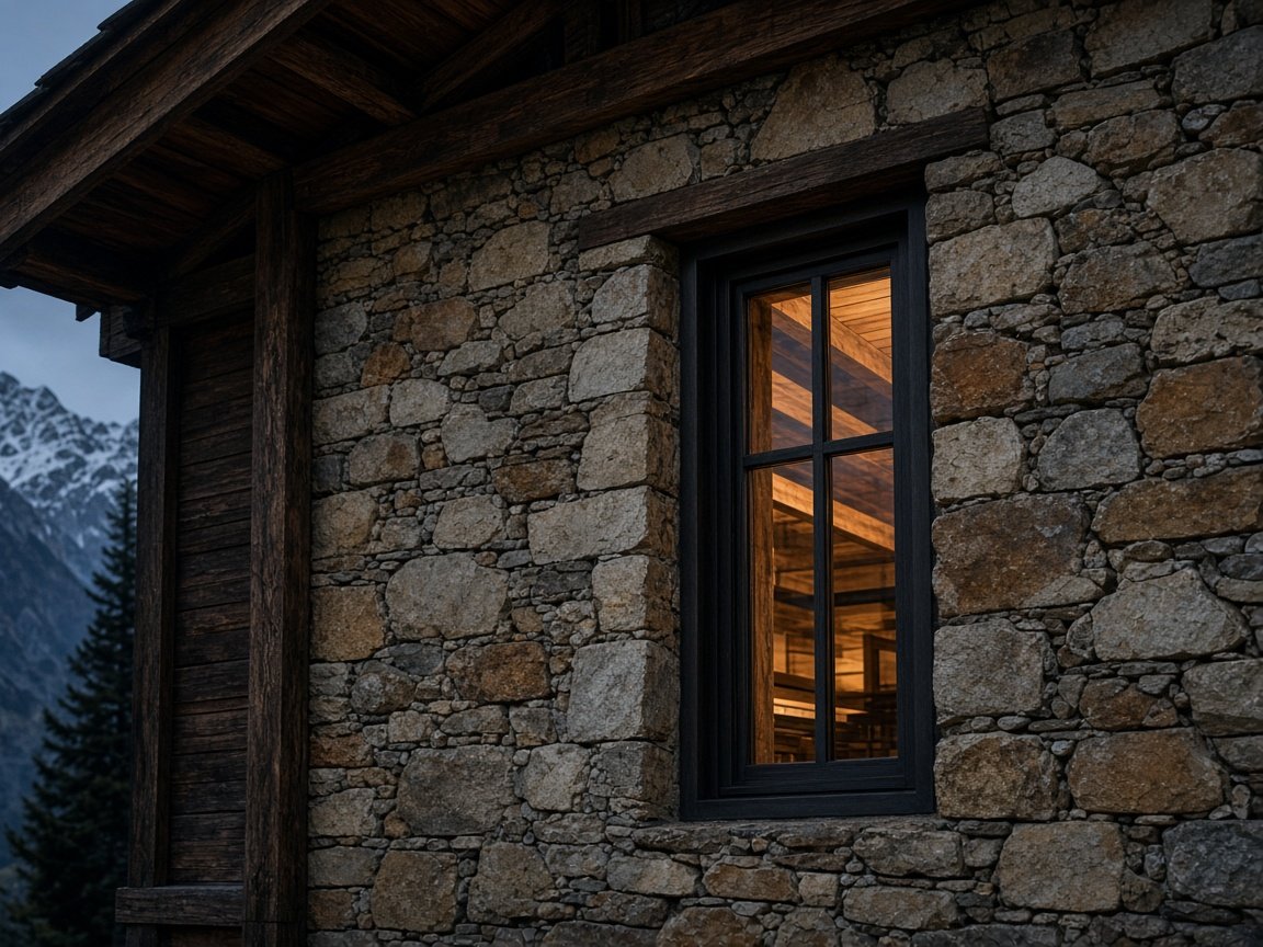 Hand-set stone wall and dark timber frame of an alpine villa