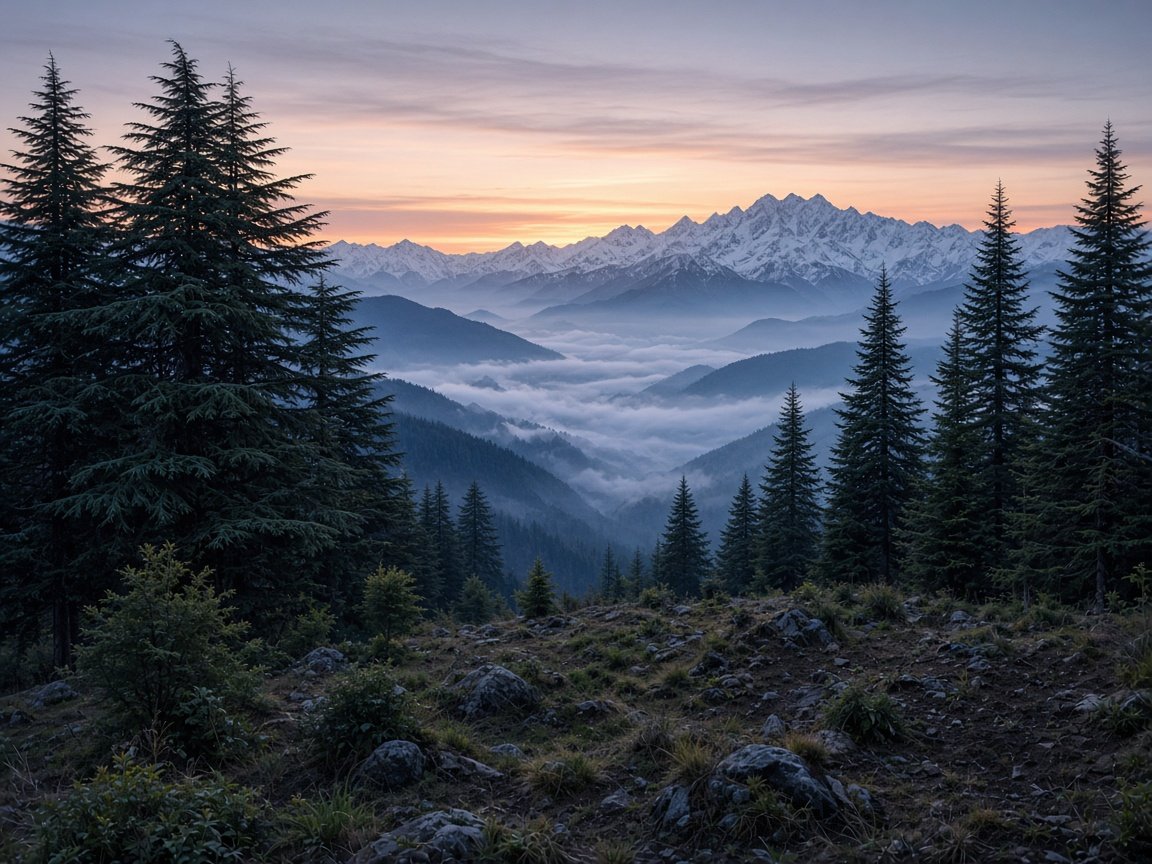 Untouched Himalayan ridge above a mist-filled valley and snow peaks