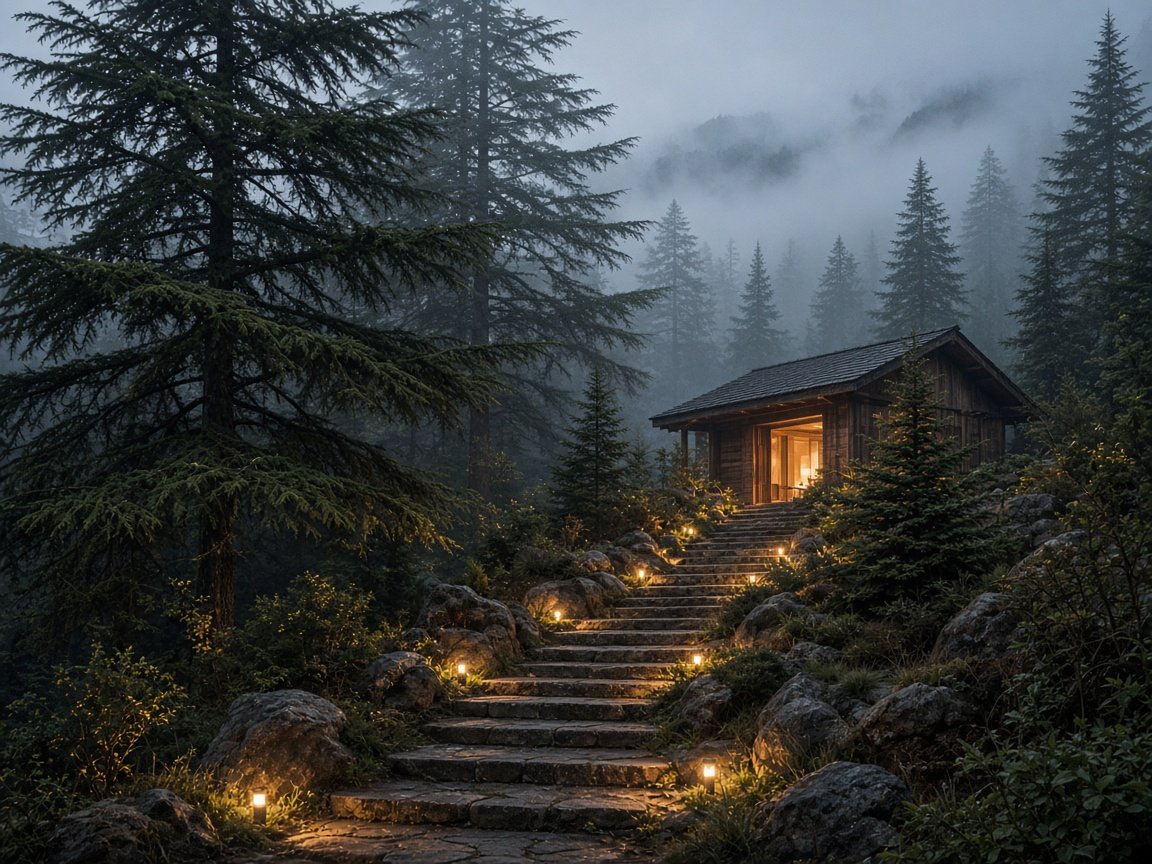 Stone forest steps leading to a timber pavilion among deodar pines